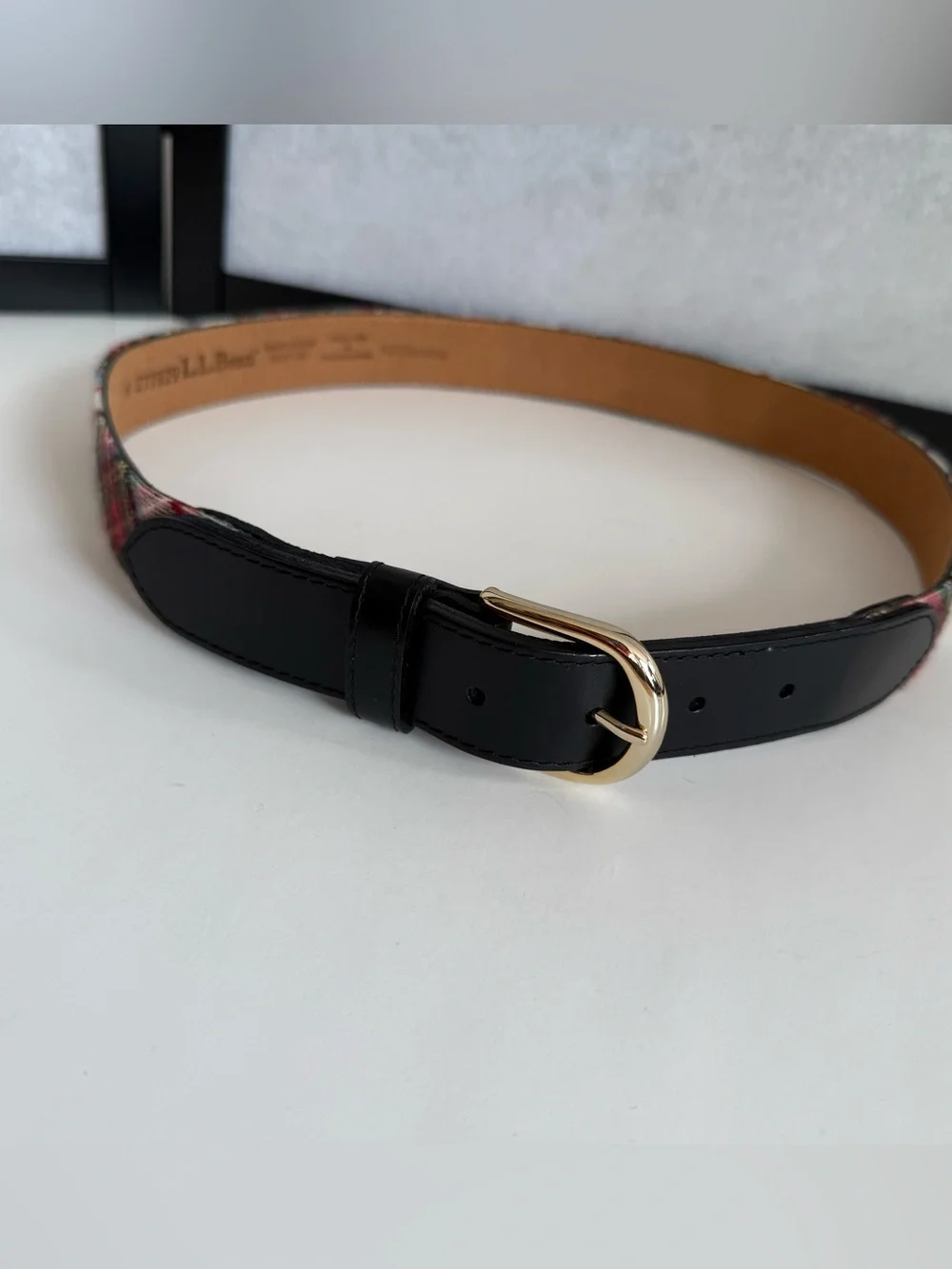 L.L.Bean Stewart Tartan Plaid with Black Leather Club Belt Medium USA Made